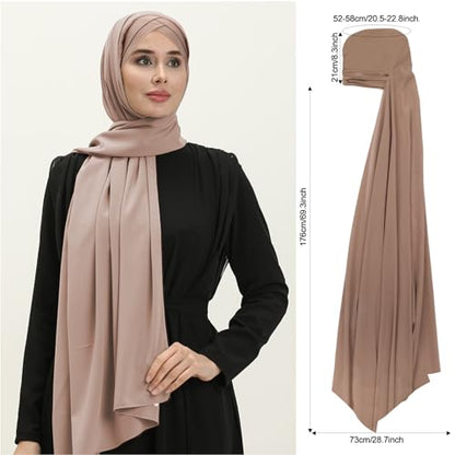 XEPST Instant Hijab for Women, Islamic Muslim Chiffon Hijab with Matching Cross Hijab Undercap Soft Instant Hijab Ready to Wear Solid Color Headscarf Turban Wrap Hijab Scarf for Women, Khaki