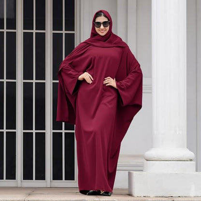 IDOPIP Abayas for Women Muslim Dress with Hijab, One-Piece Long Sleeve Islamic Prayer Dress with Khimar Jilbab Kaftan Clothes - color: Wine Red + Hijab