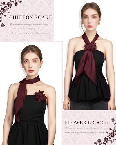 Chiffon Scarf for Women, Removable Flower Neck Scarf Light Soft Fashion Rose Scarves Versatile Headband or Hair Band - color: Burgundy Big Flower
