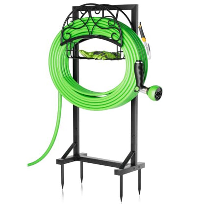 Heavy-Duty Garden Hose Holder with Storage Basket and Tool Hooks, Stable Freestanding Hose Stand Holds 160Ft, Metal Hose Hanger, Rustproof Water Hose Holder Storage for Outside,Yard,Lawn,Farm - color: Matte Black