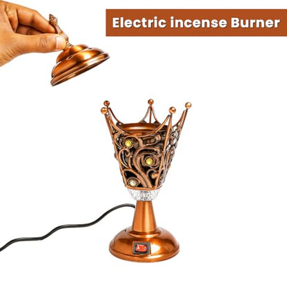 Electric Incense Burner | Arabic-Middle Eastern Style Metal Bakhoor Burner | Traditional Tabletop Censer for Aromatherapy, Home Fragrance, Yoga, Spa, Office Decor (Copper-, WF-27)