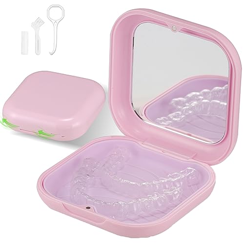 Retainer Case, Slim Aligner Case with Mirror, Compatible with Invisalign, Night Guard and Mouth Guard, Premium Retainer Case, With Aligner Remover Tool, Chew & Brush, Pink - color: Square: Pink