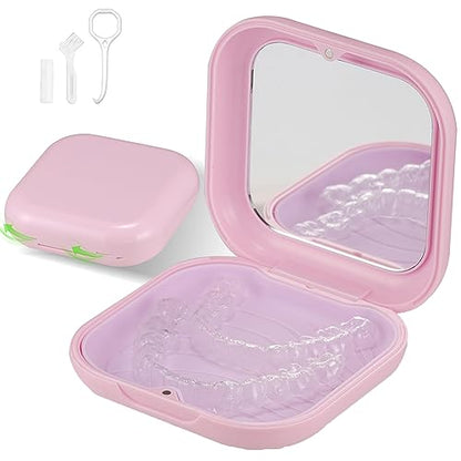 Retainer Case, Slim Aligner Case with Mirror, Compatible with Invisalign, Night Guard and Mouth Guard, Premium Retainer Case, With Aligner Remover Tool, Chew & Brush, Pink - color: Square: Pink