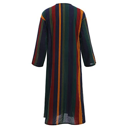 IDOPIP Men's Muslim Thobe Long Sleeve Striped Robe Gown Arab Islamic Kaftan Abayas Dress Middle East Dubai Ramadan Clothing - color: Yellow, size: XX-Large