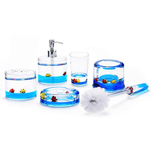 5 Piece Acrylic Liquid 3D Floating Motion Bathroom Vanity Accessory Set Ocean Cartoon Animal Theme Nimo Fish Toothbrush Holder, Tumbler, Soap Dispenser, Soap Dish, Toiletbrush Holder Set - size: 5-piece, style: Fish
