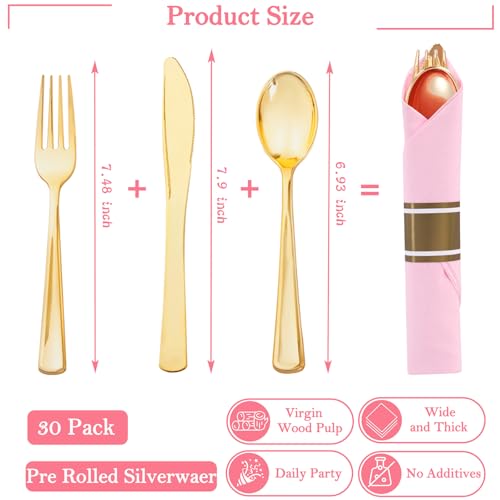 Supernal Gold Plastic Silverware Set with Pre Rolled Pink Napkin-Disposable Cutlery with Pink Linen Napkin Gold, Wrapped Plastic Silverware Heavy Duty Suit for Birthdays, Parties, Weddings 30Packs - color: Pink and Gold, size: 30 Pack