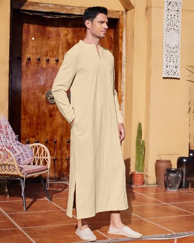 LVCBL Kaftan Thobe for Men Big And Tall Muslim Robe Mens Long Sleeve Caftan - color: Khaki, size: Medium
