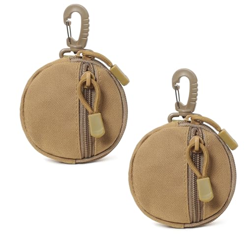 Small MOLLE Pouch with Carabiner Clip, Mini Coin Purse Keychain - color: Khaki 2 Pack