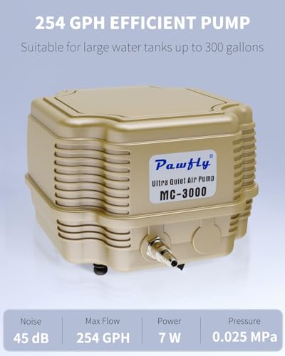 Pawfly 254 GPH Aquarium Air Pump Adjustable Quiet Oxygen Aerator Pump with Multi-Port Air Flow Control Lever Valve Splitter and Airline Tubing for Fish Tanks Ponds and DWC Systems Up to 300 Gallons - size: Basic Standard (Up to 300 Gallon)