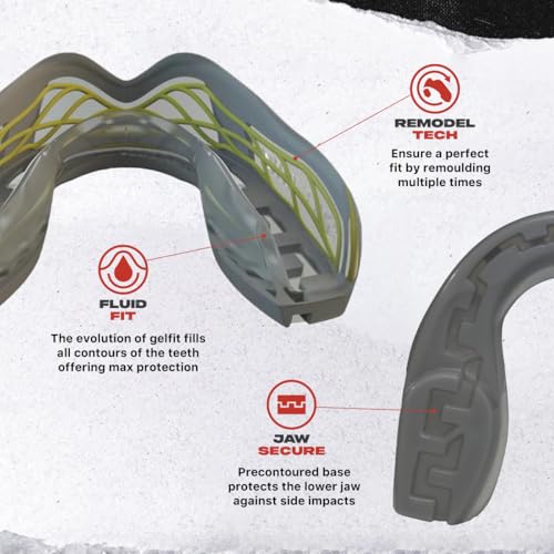 SAFEJAWZ Mouth Guard, Triple Layer Mouthguard for Adults with Case, Easy Fit Remoldable Premium Mouthpiece for Football, Boxing, Lacrosse, MMA, Basketball & All Contact Sports (Adult 12+ Years, Grey) - color: Grey