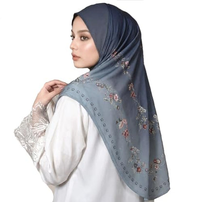 Instant Hijab For Women Ready To Wear Printed Floral Ombre Hijabs Islamic Abaya Turban Muslim Slip-On Khimar Hijab - color: 5# Haze Blue