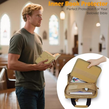 ATRIPACK Tactical Large Bible Cover for Men,Double Layer Bibles Bag With Detachable Book Carrying Case, Covers for Bible Organizer with Zippered Pockets,Church Case with Handle. - color: brown