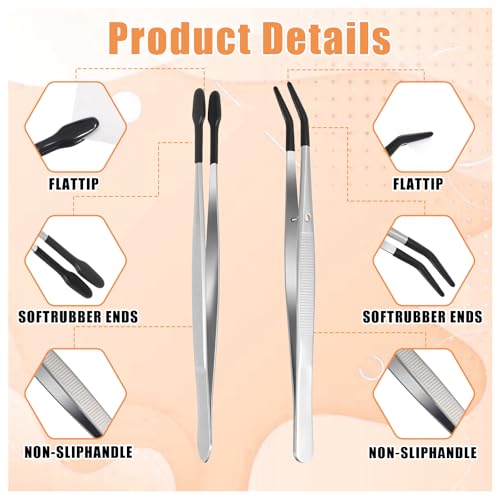 4 Pieces Tweezers with Rubber Tips PVC Rubber Coated Tweezers Rubbers Long Bent Tip Tweezer and Straight Flat Tip Tweezer for Lab Stamp Hobby Jewelry Crafts Feeding (Silver, Black) - color: Black