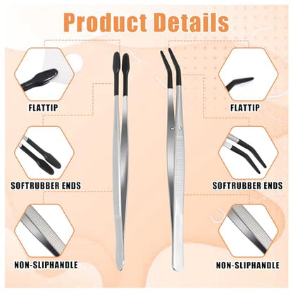 4 Pieces Tweezers with Rubber Tips PVC Rubber Coated Tweezers Rubbers Long Bent Tip Tweezer and Straight Flat Tip Tweezer for Lab Stamp Hobby Jewelry Crafts Feeding (Silver, Black) - color: Black