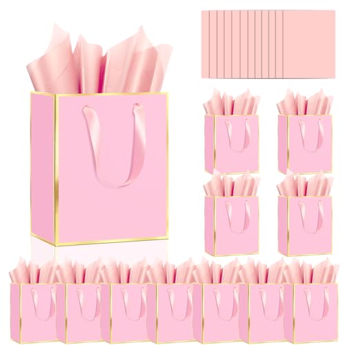 Epoesch 12 Pack Gift Bags with Handles & 12 Tissue Papers – 8x5x10 Inches - color: Pink Gold, size: 1 Count (Pack of 12)
