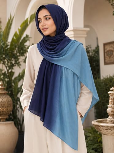Gradient Dual Color Scarf，Elegant Ombre Headwraps Hijab, Modal Cotton Feel Lightweight Sunscreen Shawls for Women - color: 1#navyblue