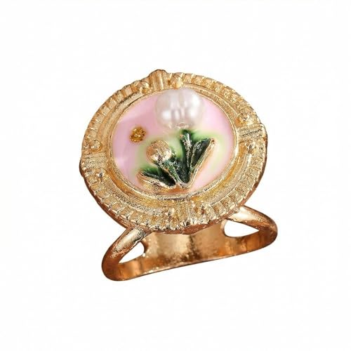 Vintage Pearl Tulip Flower Enamel Scarf Ring for Women Floral Slide Neckerchief Hijab Rings Dainty Buckle for Scarves - color: Pink