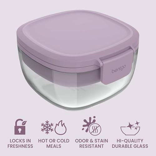 Bentgo Glass Salad Container - 7.6-Cup Salad Bowl with Airtight Lid, Leak-Proof Sauce Container, 4-Compartment Bento Tray & Reusable Fork - BPA-Free for Meal Prep, Office & More (Lavender) - color: Lavender
