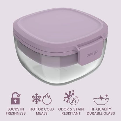 Bentgo Glass Salad Container - 7.6-Cup Salad Bowl with Airtight Lid, Leak-Proof Sauce Container, 4-Compartment Bento Tray & Reusable Fork - BPA-Free for Meal Prep, Office & More (Lavender) - color: Lavender