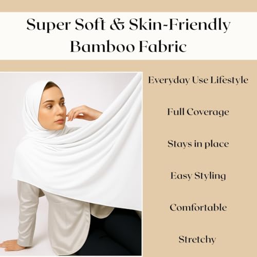 Premium Bamboo Jersey Hijab Scarves -Turban Head Wraps for Women, Fashion Headbands Long Plain Muslim Shawls - color: White