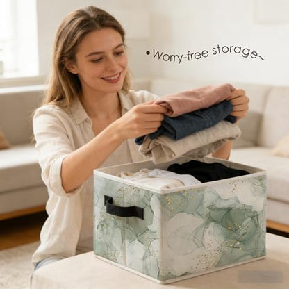 Abstract Sage Green and Gold Storage Bins Box with Handles, Luxury Green Marble Modern Boho Abstract Foldable Basket Toybox for Bedroom Bathroom Laundry Room Home Clothes Toys Books - color: Color-2