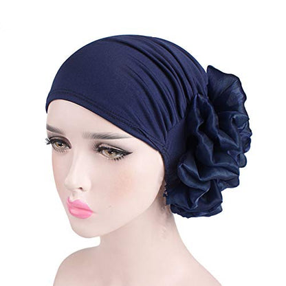Women Flower Elastic Turban Beanie Head Scarf wrap Chemo Cap hat for Cancer Patient - color: White Navy