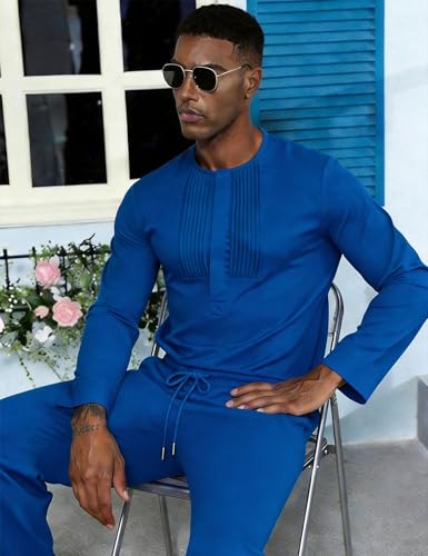 Mens African 2 Piece Set Nigerian Dashiki Traditional Suit Pleated Snap Button Shirts and Pants Outfit - color: Blue, size: Medium