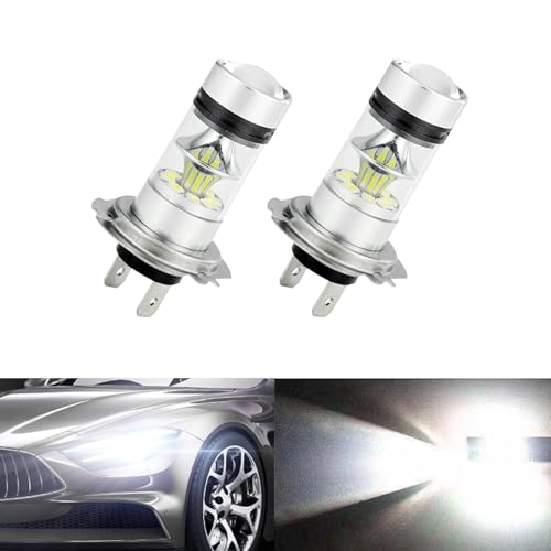 2 PCS H7 LED Car Fog Light Bulbs – 12V 100W Low Beam Lights with 6500K White Front Light & Daytime Running Lights. Features Built-in Lens, Plug-and-Play Design. Universal Fit for Most Vehicles.