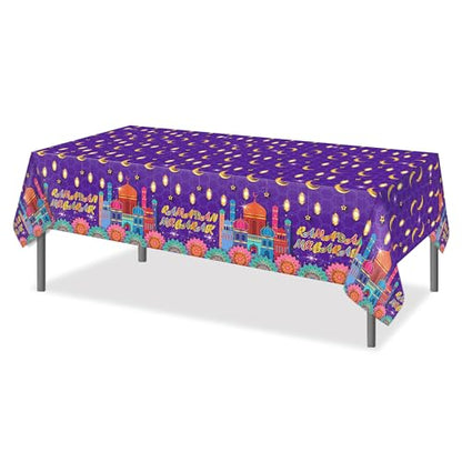 1Pc Ramadan Party Plastic Tablecloth 54 x 87 Inch Long Table Cover, House Light Purple Gold Party Tablecover for Eid Mubarak Baby Shower Birthday Dinner Picnic Kitchen Event Use - color: House Light Purple Gold Ramadan
