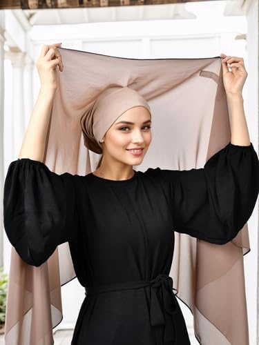 Instant Chiffon Hijab Set 3-in-1 Hijabs Scarf with Built-in Magnets and Undercap Head Wraps with Modal Cap - color: 5# Khaki