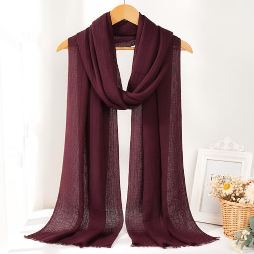 Nydotd Women Summer Cotton Linen Scarf Crinkle Long Beach Shawl Wrap hijab with Fringe - color: Deep Burgundy