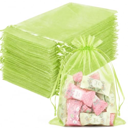 FUNFERY 100PCS Apple Green Organza Gift Bags 5x7in,Drawstring Jewelry Pouch - color: Apple Green-5"x7"