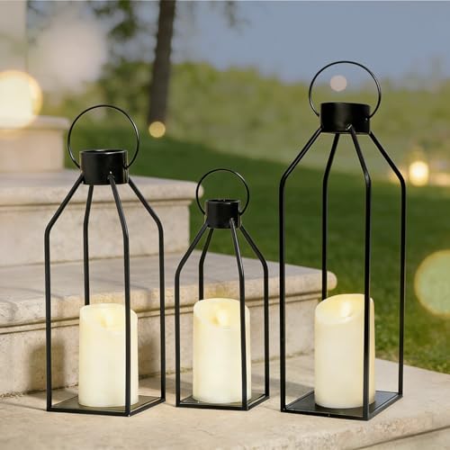 3 Pcs Black Lanterns Decorative Outdoor, Metal Candle Lanterns, Modern Farmhouse Lanterns Decorative for Home Decor, Mantle, Patio, Porch, Garden - size: 3pcs-Black
