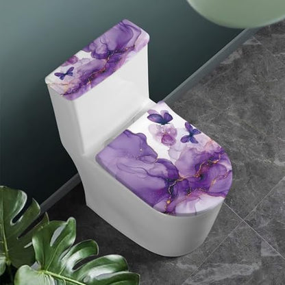Purple Marble Butterfly Toilet Lid Dust Cover & Toilet Tank Lid Cover 2PC Elastic Edge Machine Washable Fits Most Toilet Lids Home Decor - color: Purple Marble Butterfly
