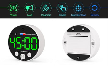 Large LED Digital Timer, Magnetic Countdown Loud Timer for Kitchen Cooking, Classroom Whiteboard, Kids, Toddler, Game, Productivity, Focus, Work, Task, Office, Meeting – Small, Simple, Visual, Green