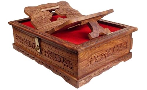 Traditional Handcrafted Wooden Rehal Complete Carving Design Box | Rosewood Holy Book Stand Box for Gita Ved Guru Granth Sahib, Quran, Ramayan, and Bible (Brown)