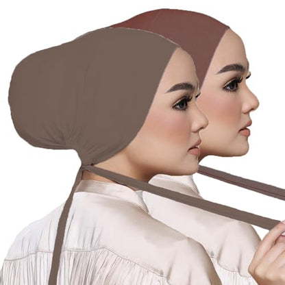 Women Under Scarf Hat Hijab Undercap Islamic Muslim Under Scarf Hijab Cap with Tie-Back Closure - color: Khaki+coffee