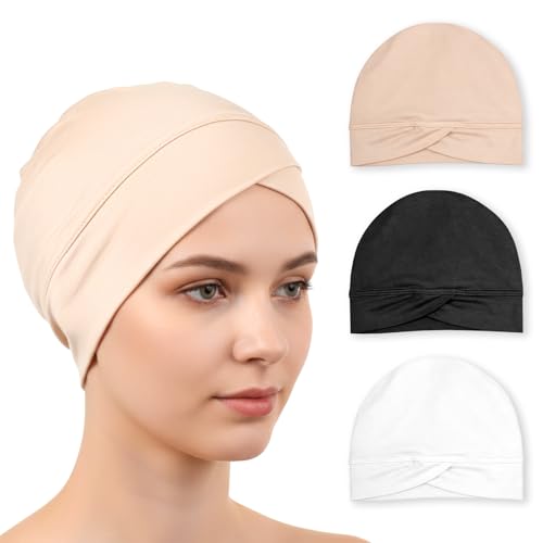 3 PCS Under Hijab Caps for Women Non Slip White, Black, Beige