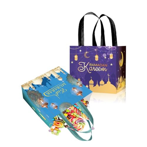 LOONELO Ramadan Mubarak Gift Bags with Handle, 8pcs Eid Mubarak Non-Woven Favor Tote Bags for Goodie, Biscuit, Muslim Reusable Candy for Ramadan Kareem Hajj Festival Wedding Party Decorations