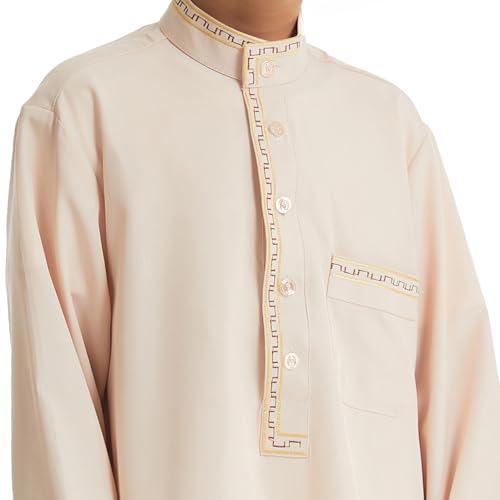 Muslim Thobe for Boys Islamic Thobe Long Sleeve Kaftan Stand Collar Button 𝐑obe Kids Ramadan Eid Outfit Prayer Clothes - color: Beige, size: 5-6X