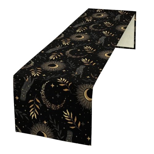 Magic Tarot Moon Table Runner, Retro Witchy Hands Bohemian Mystic Golden Moon Phase Sun Print Table Runner for Kitchen Holiday Dining Wedding Outdoor 13x36in - color: Moon-4, size: W13''xL36''
