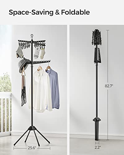 SONGMICS 2단 의류 건조대, 182.9cm(72인치) 접이식 세탁 건조대, 행거용 회전 가능한 팔 3개, 클립 24개, 스테인리스 스틸, 옷 27피스용, 블랙 ULLR512B01 - color: 블랙., style: 2단 클립