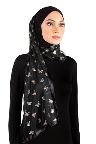 Stylish Mona Hijab Women's Black Kuwaiti with Chiffon Wrap Shawl & Satin Trim - color: Black With Gold Butterflies