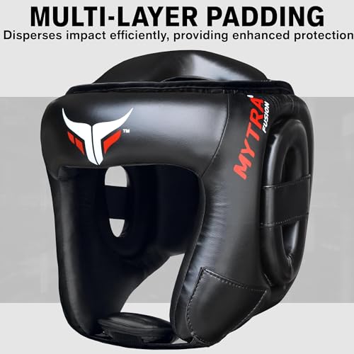 Mytra Fusion Boxing Headgear MMA Headgear Martial Arts Sparring Gear Headgear for Kickboxing, Muay Thai and Karate Training (Black, S/M)
