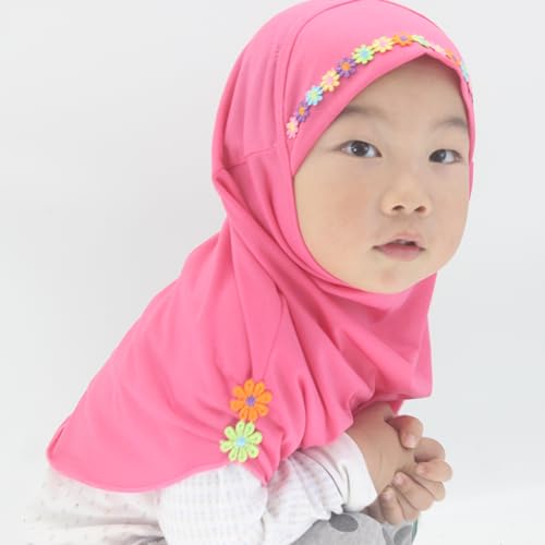 Girls Instant Hijab – Soft Kids Muslim Scarf with Flower, Breathable One-Piece Headscarf for Toddlers Age 2-8 - color: Small Flower-rose