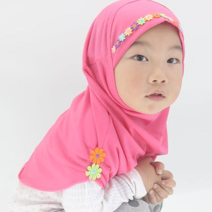 Girls Instant Hijab – Soft Kids Muslim Scarf with Flower, Breathable One-Piece Headscarf for Toddlers Age 2-8 - color: Small Flower-rose