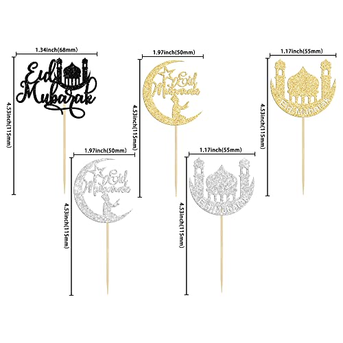 24 Pack Cupcake Toppers - Moon Star Happy Eid Mubarak Cupcake Picks - Islamic Muslim Theme - Ramadan Kareem Eid Party Cake Decorations - color: Gold-2