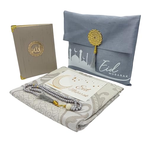 Modefa Luxury Islamic Thin Travel Prayer Mat in Satin Gift Bag - Deluxe 4 Piece Travel Set with Dua Book & Prayer Beads Tesbih - Thin Chenille Turkish Praying Carpet - Eid Gift Set (Grey) - color: Grey