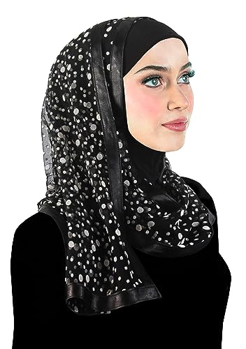 Stylish Mona Hijab Women's Black Kuwaiti with Chiffon Wrap Shawl & Satin Trim - color: Black With White Dots