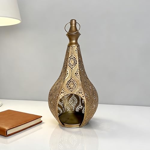 11.6inch Moroccan Lantern Lamp Decorative Candle Holders for Ramadan Decorations, Hanging, Outdoor Patio or Porch, Indoor Home Decor（Gold） - color: Gold
